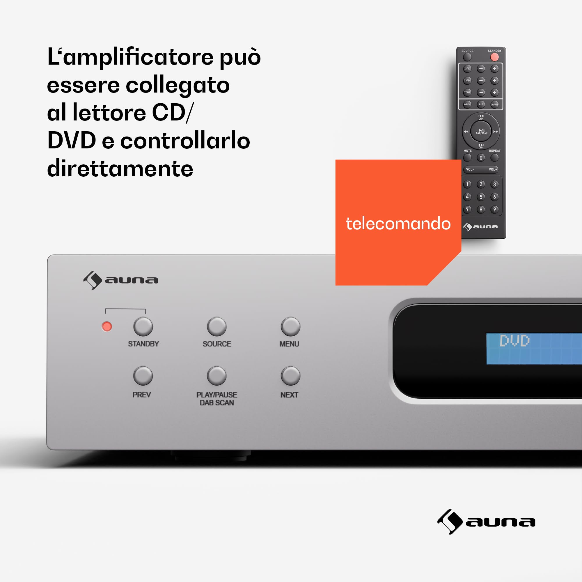 Auna Art22 - Amplificatore HiFi Bluetooth & Radio DAB+, 2x60W, Stereo, Ingressi Ottici & Coassiali, FM, CD/DVD, Telecomando, Design Compatto, Bianco-Argento