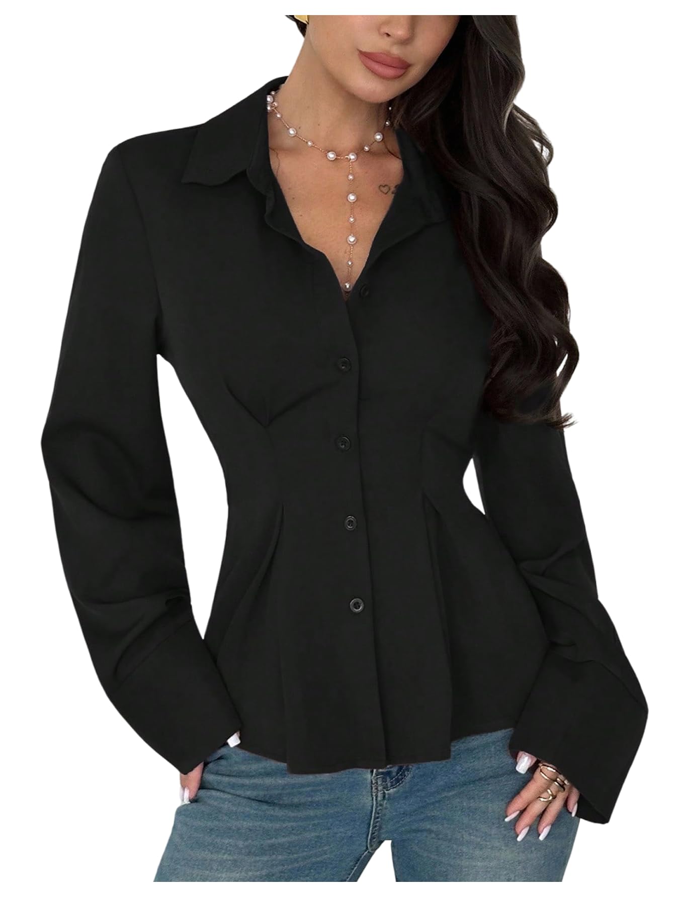 Photo 1 of MakeMeChic Women's Pleated Button Down Shirt Long Sleeve Collar Flared Hem Business Tops Black Large