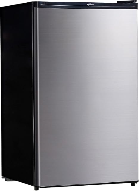Koolatron Stainless Steel Compact Fridge with Freezer, 4.4 cu ft (124L), Silver and Black, Flat Back, Reversible Door, for Snacks, Frozen Meals, Beverages, Beer, Den, Dorm, Office, Rec Room, Home Bar