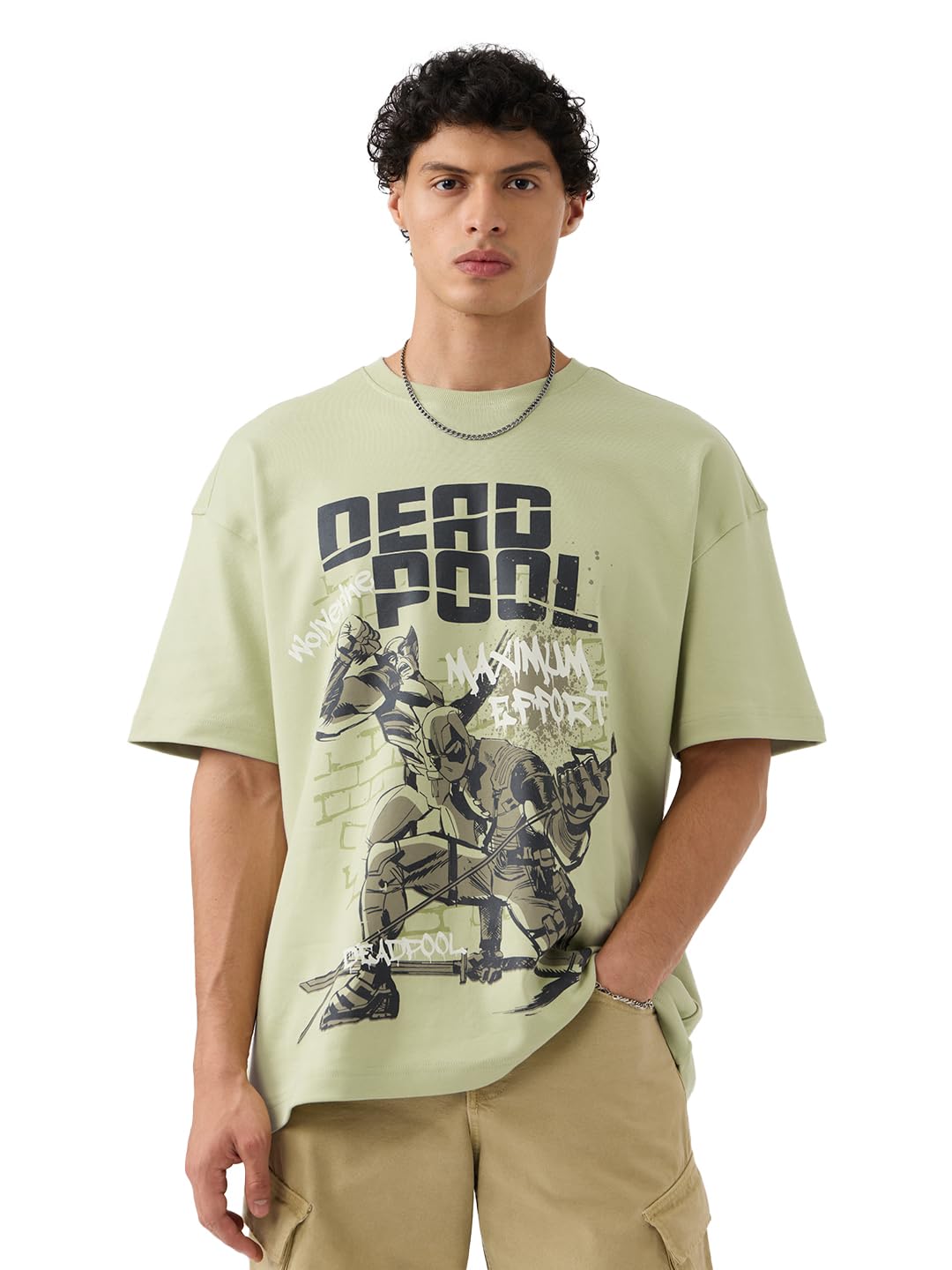 the souled store Deadpool: Maximum Effort Men and Boys Short Sleeves Round Neck Green Graphic Printed Cotton Oversized T-Shirts-picture-26