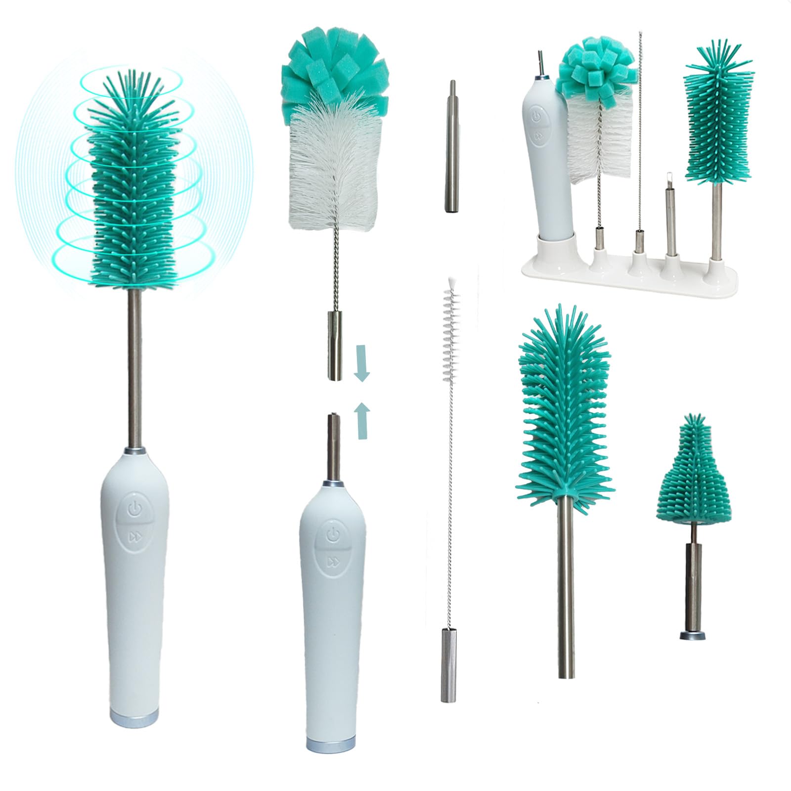 Electric Baby Bottle Brush With Holder, Stainless Steel Automatic Cleaner With Extension Handle, Sponge, Silicone Water Cleaner, Nipple and Straw Brush - Green