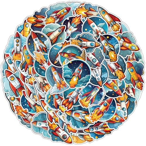 Vibrant Rocket Vinyl Stickers, 50 PCS Waterproof Cartoon Space Decals for Laptops, Scrapbooking,...