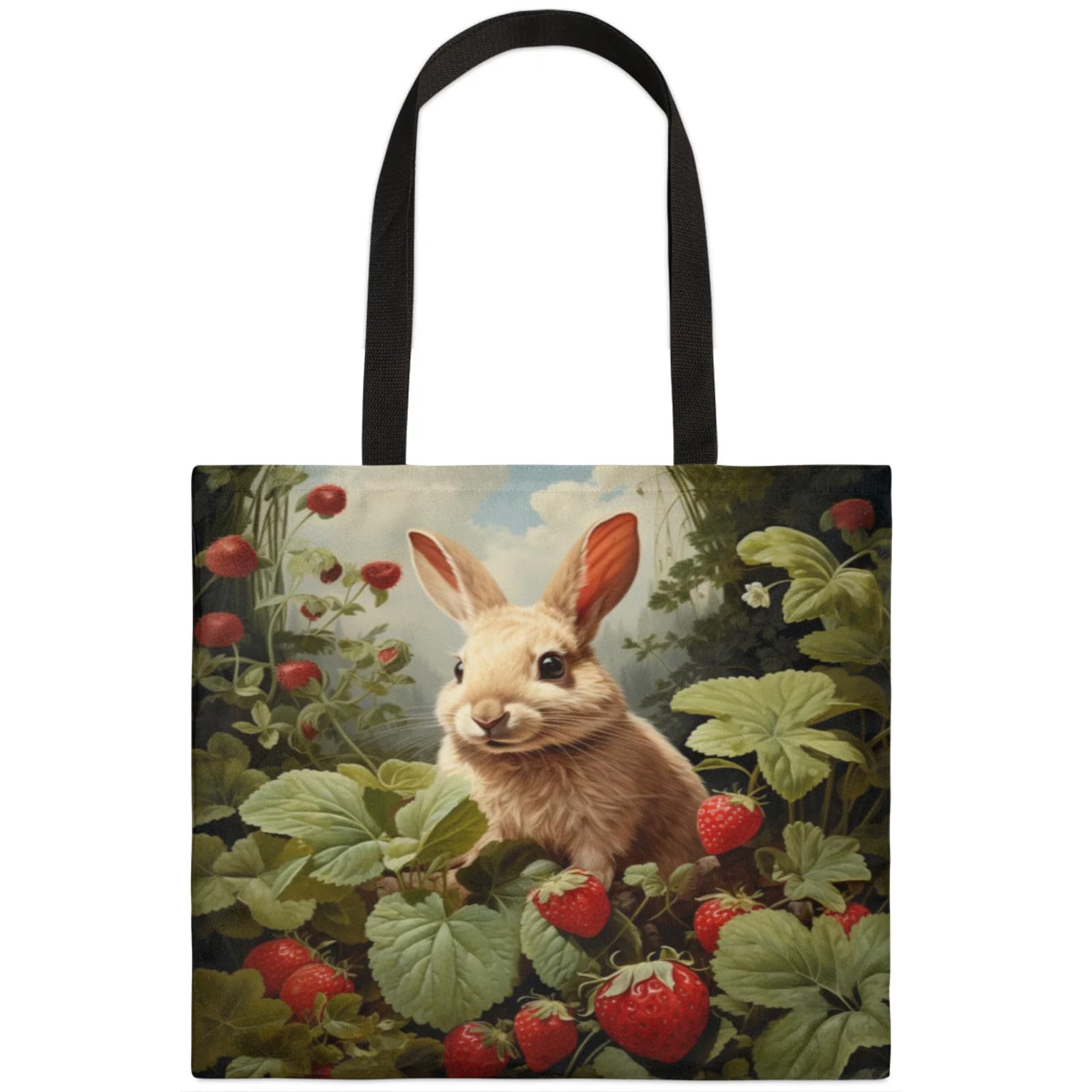 Mularoka Cute Rabbit Strawberry Square Canvas Tote Bag Top Handle Purses Stylish Women Canvas Shoulder Tote Bags Reusable Handbags for Work Travel Picnic Beach Shopping Gym Hiking