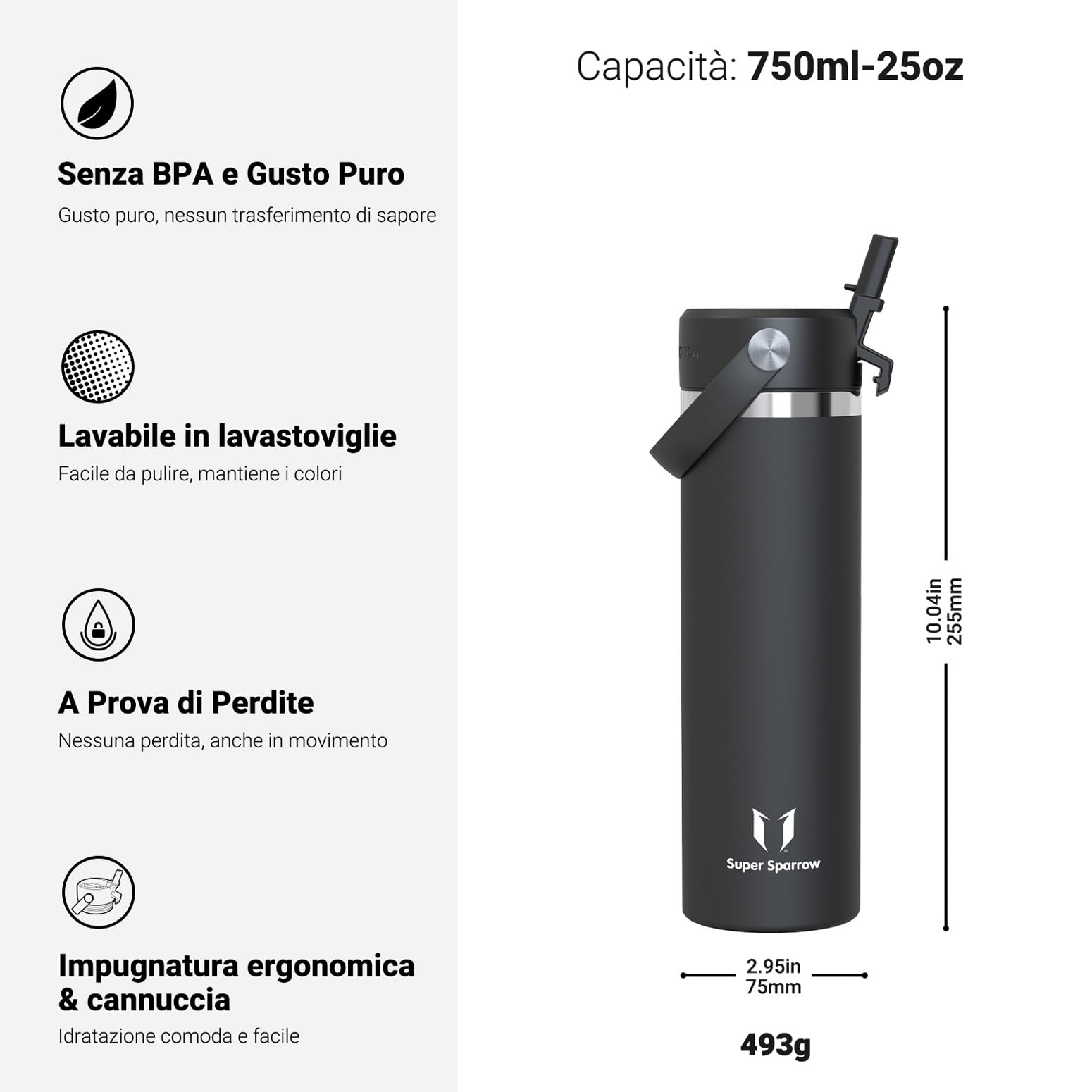 Sparrow Borraccia Termica - 500ml/750ml/1L/1.2L - SwivelSip Bottiglia Acciaio Inox - Senza BPA Borracce Termiche, Borraccia con Cannuccia Ergonomica per Scuola, Sportiva, Campeggio, Palestra