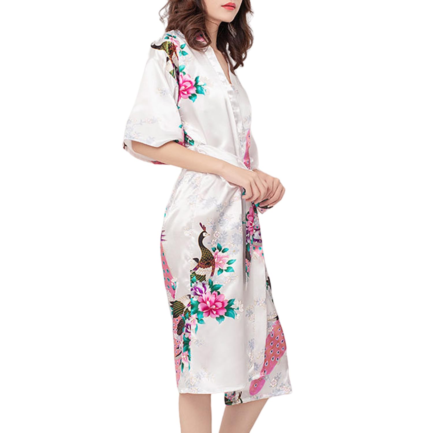 Specialty Pajama Shop Kimono Nightgown Bathrobe Silk Satin Robe Pajama Dressing Peacock Pattern Robe Wedding Satin Bathrobe Negligee Wedding Party Robe Free size white