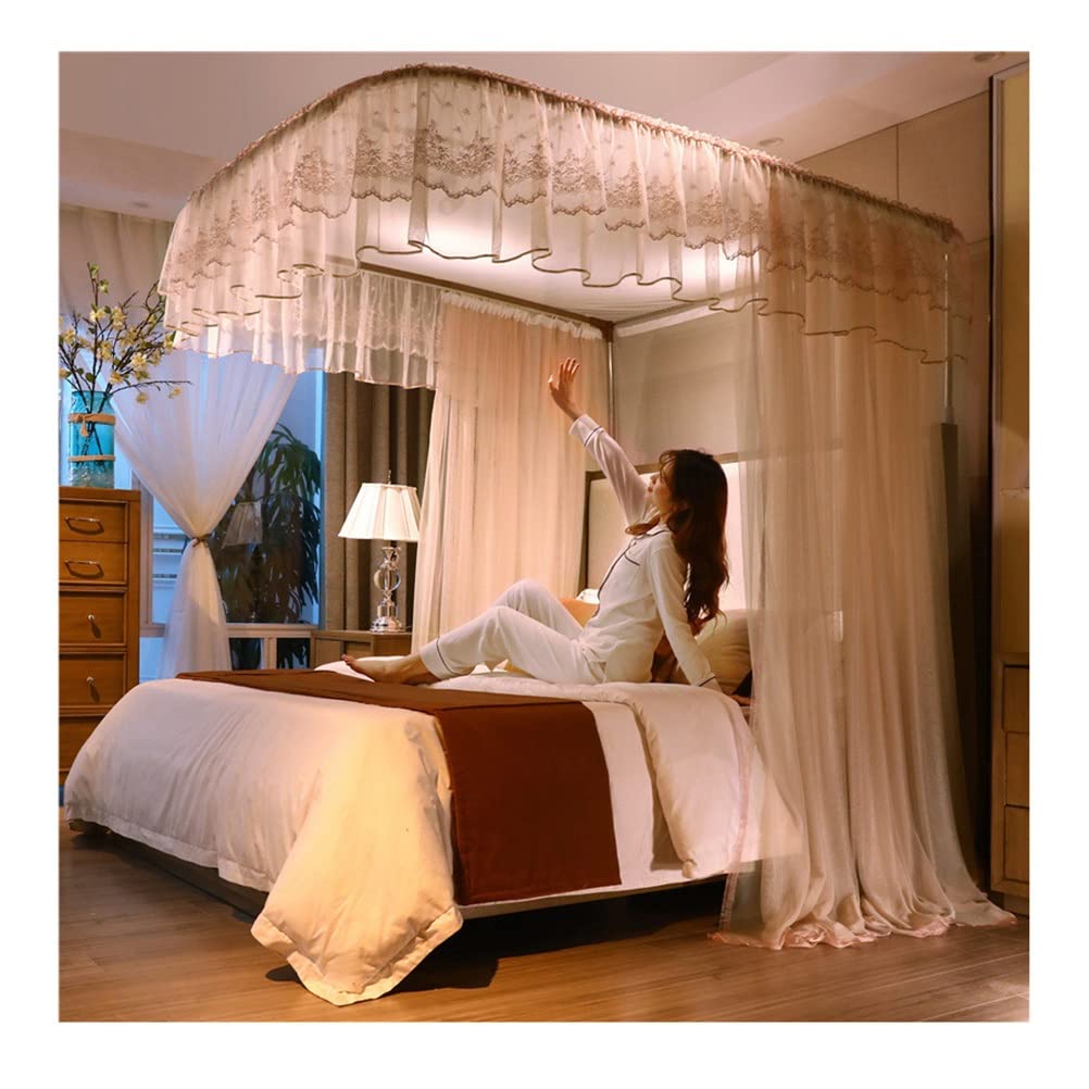 GJMSSMY European luxury bed canopy mosquito net with U-shaped metal bracket, bedroom Romantic decorative bed curtains, (Color : Pink-3, Size : 180X200CM)