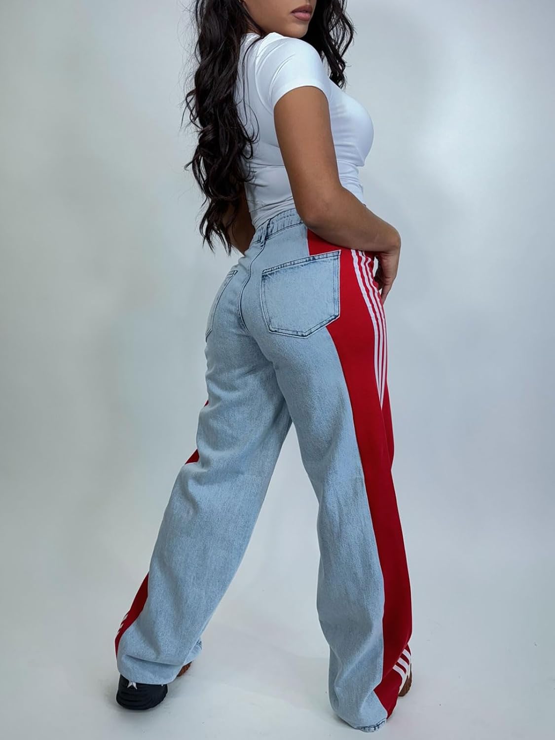 Angsuttc Womens Jeans with Patchwork Stripes High Waisted Stretchy Denim Color Block Straight Wide Leg Trendy Jean