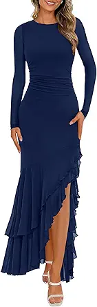 BTFBM Women's Maxi Dresses Fall 2025 Long Sleeve Ruched Bodycon Solid Ruffle Mermaid Cocktail Wedding Guest Dress