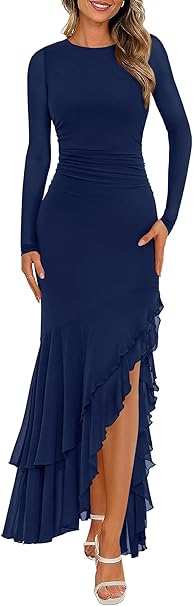 BTFBM Women's Maxi Dresses Fall 2025 Long Sleeve Ruched Bodycon Solid Ruffle Mermaid Cocktail Wedding Guest Dress