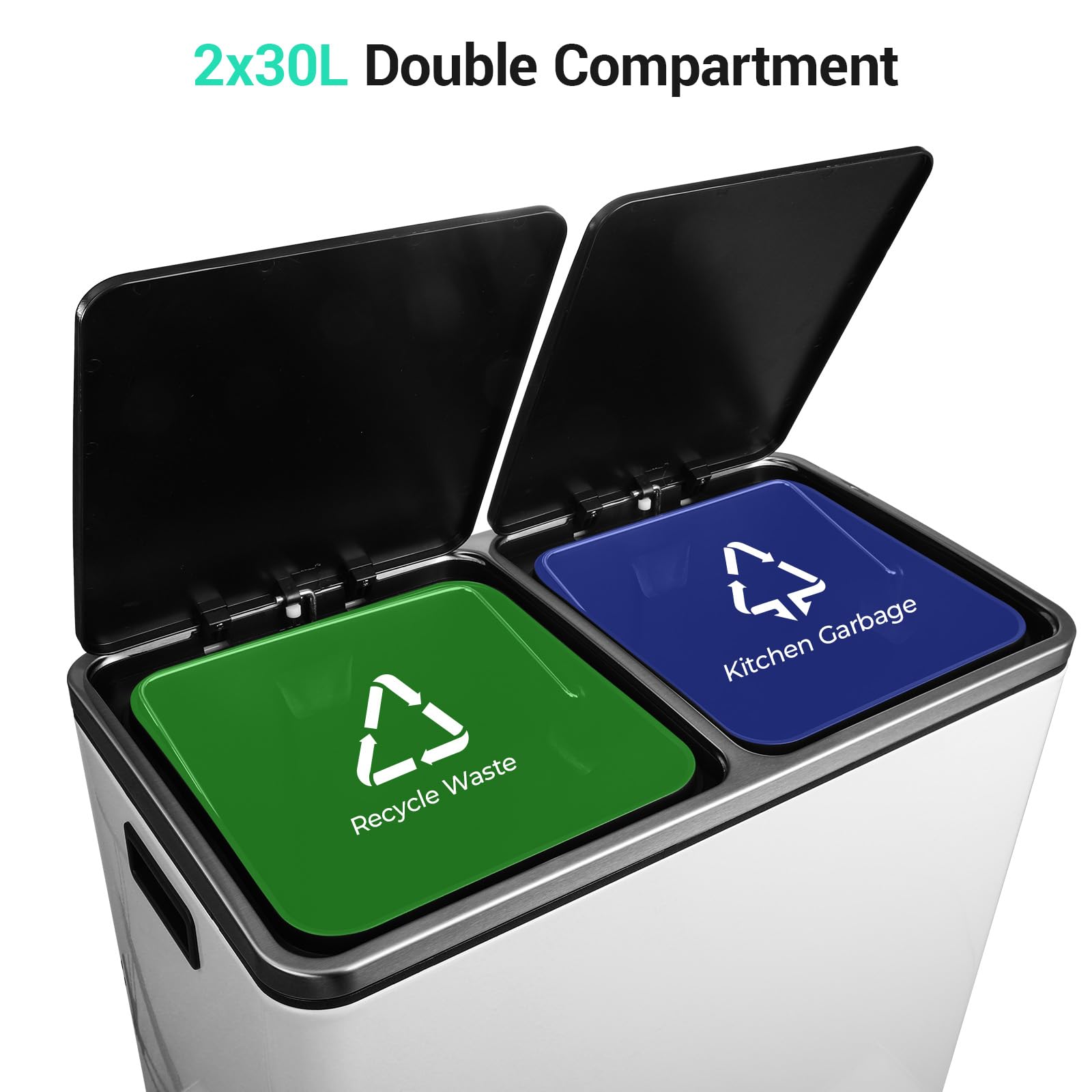 Double Compartment Bin 2 x 30 L, Soft Close Lid, Pedals