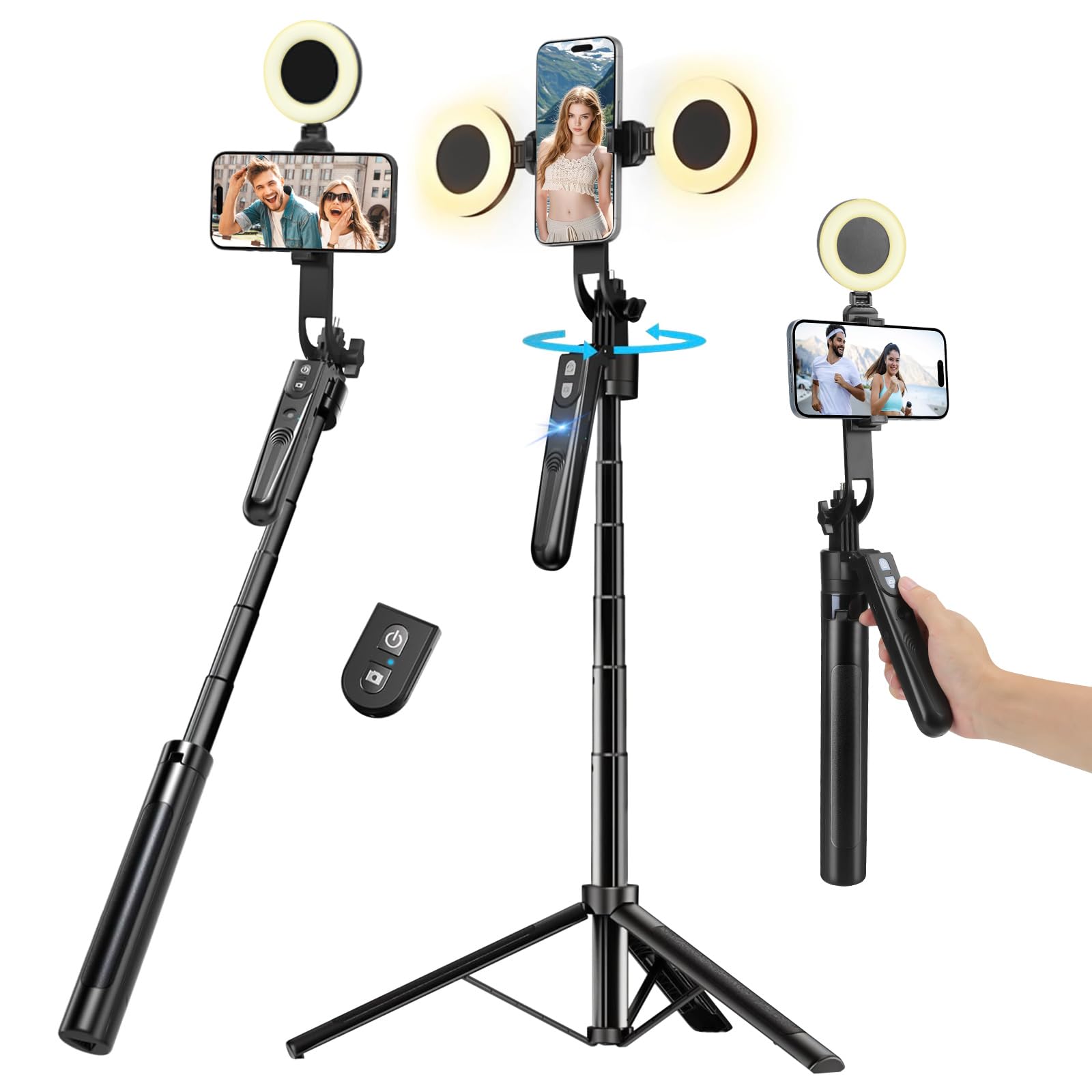 Treppiede per iPhone da 180 cm con luce e rotazione a 360° che segue il movimento, treppiede per iPhone, fotocamera Android, GoPro, luce ad anello, bastone per selfie per registrazione video live