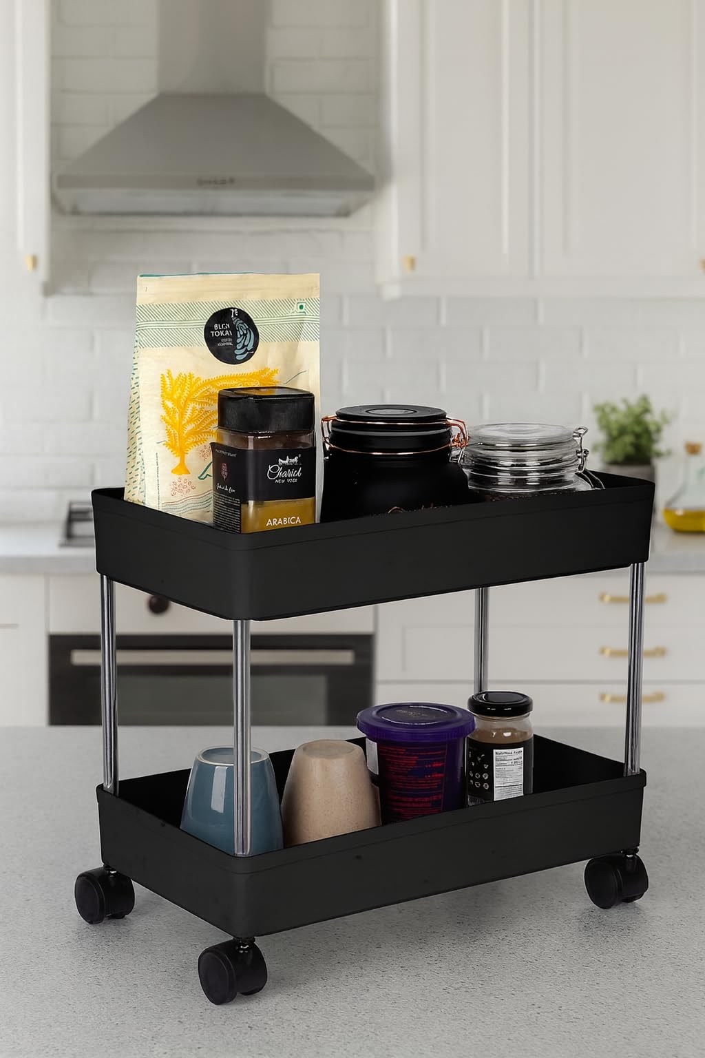Umite Chef 2-Tier Plastic Multipurpose Storage Organizer Slim Rack Shelf with Wheels for Living Room, Office, Bedroom, Bathroom, Kids Room, Kitchen Trolley - Black