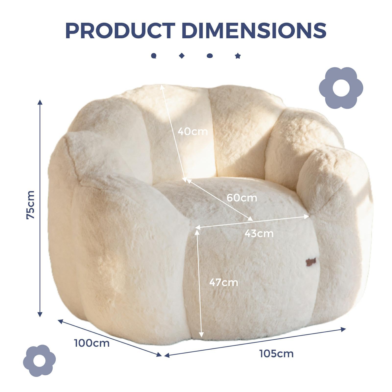 MAXYOYO Pouf Salon & Chambre, Floral Forme Bean Bag 2 Places avec Remplissage à Mémoire de Forme, Fausse Fourrure Douce, Taille Géante Fauteuil Pouf Poire | Pouf poire en forme de fleur avec rembourrage en fausse fourrure douce pour salon, chambre à couch