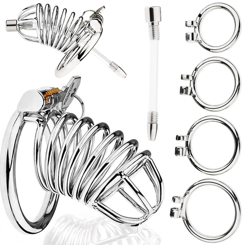 Male Invisible Lock Chastity Devices Metal Cock Cage Set with 4 Rings and Silicone Urethral Catheter, Chastity Device for Penis Training Abstinence Bondage BDSM Adults Sex Toys for Men