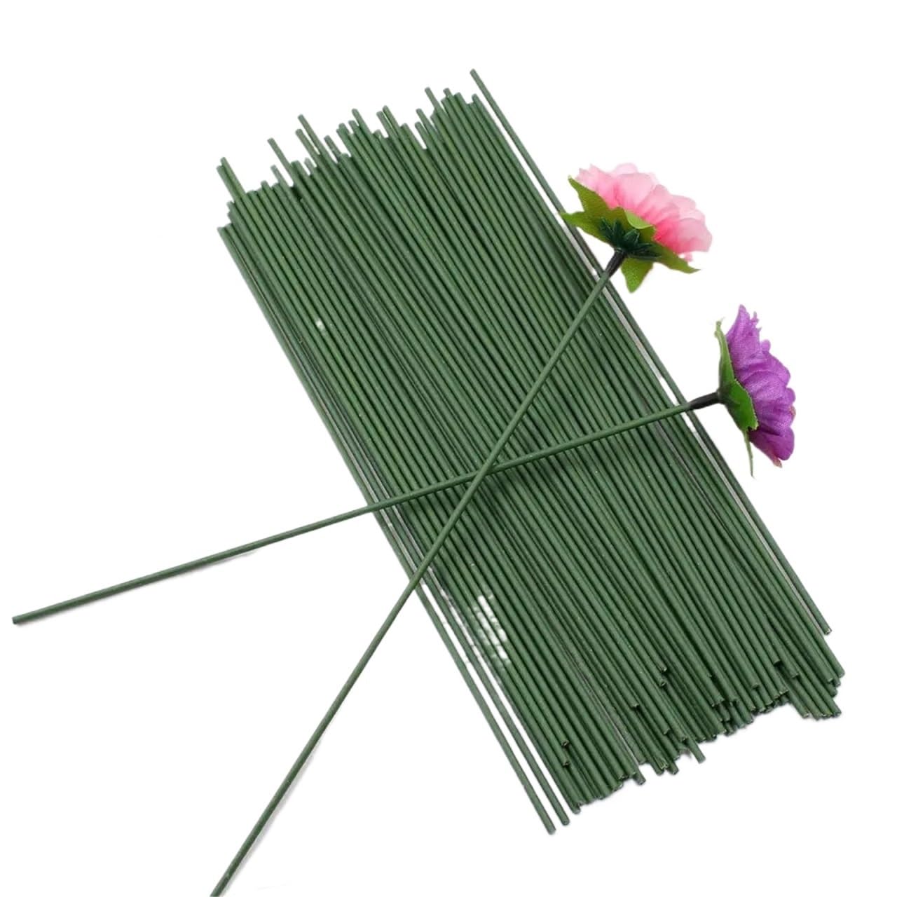 HUWOYG 100pcs Dark Green Wire Silk Flowers Stem DIY Handmade Decorative Wreath Artificial Flower Branches Florist Crafts For DIY