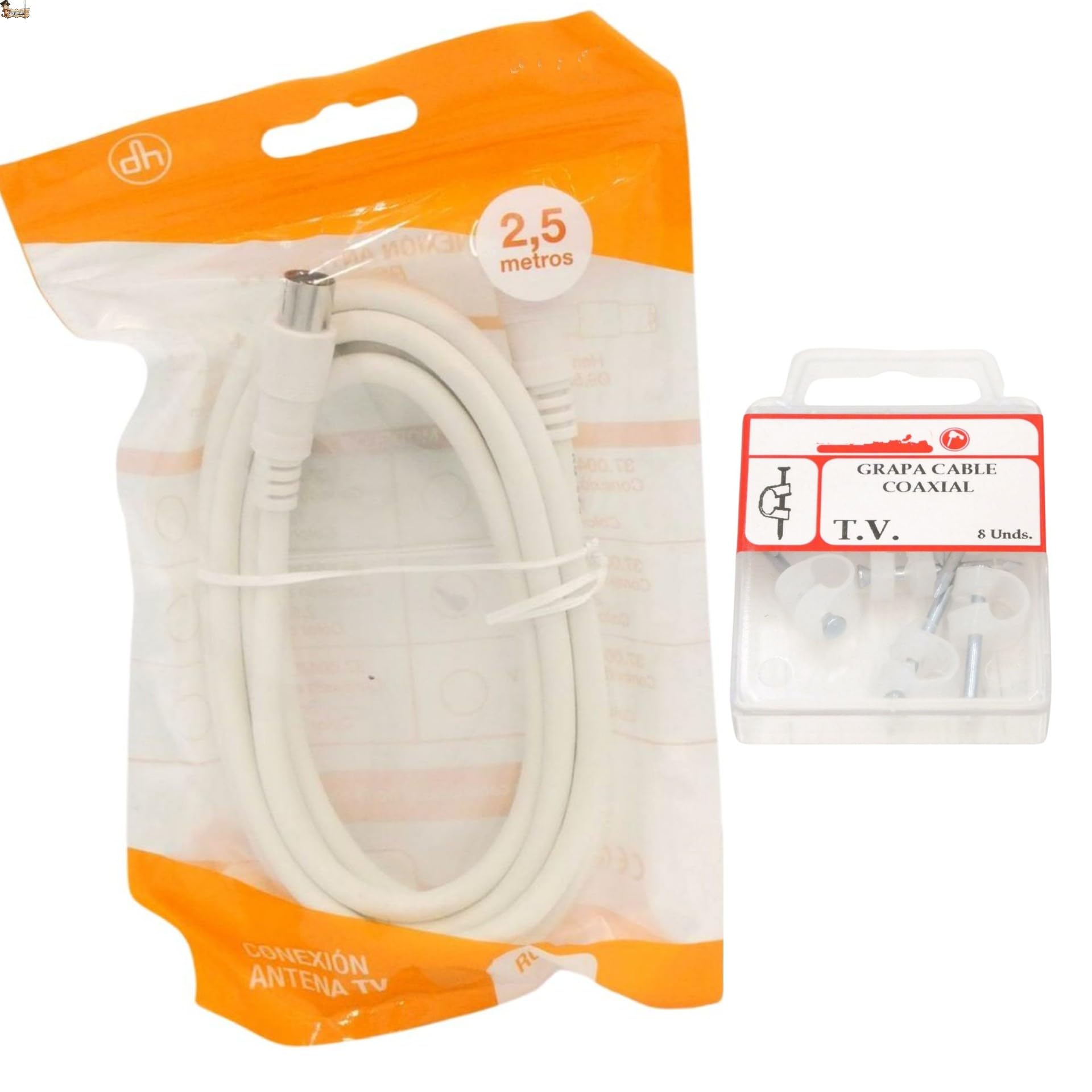 BricoLoco.com Cavo antenna TV connettore con graffette. Bianco 2,50 m. + 8 graffette. RG-59 75 Ohm coassiale in rame con graffetta chiusa a televe. Spina di ingresso maschio e uscita femmina (3 Packs)