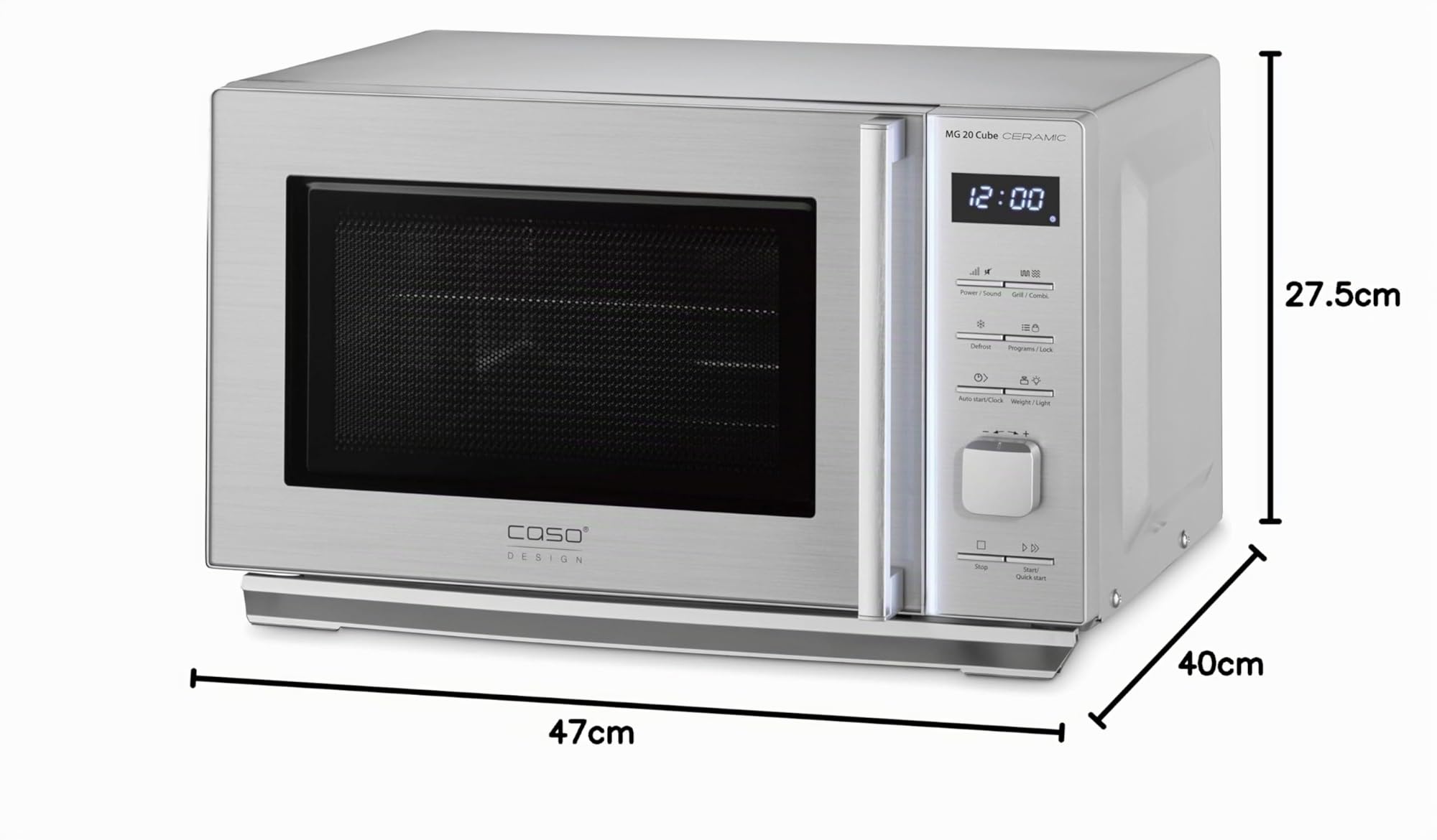 CASO MG 20 Cube Ceramic - Microondas 2 en 1 sin plato giratorio con grill de 1000W - Capacidad de 20L - 13 programas automáticos - con bloqueo para niños - Caso CUBE Controller - plateado