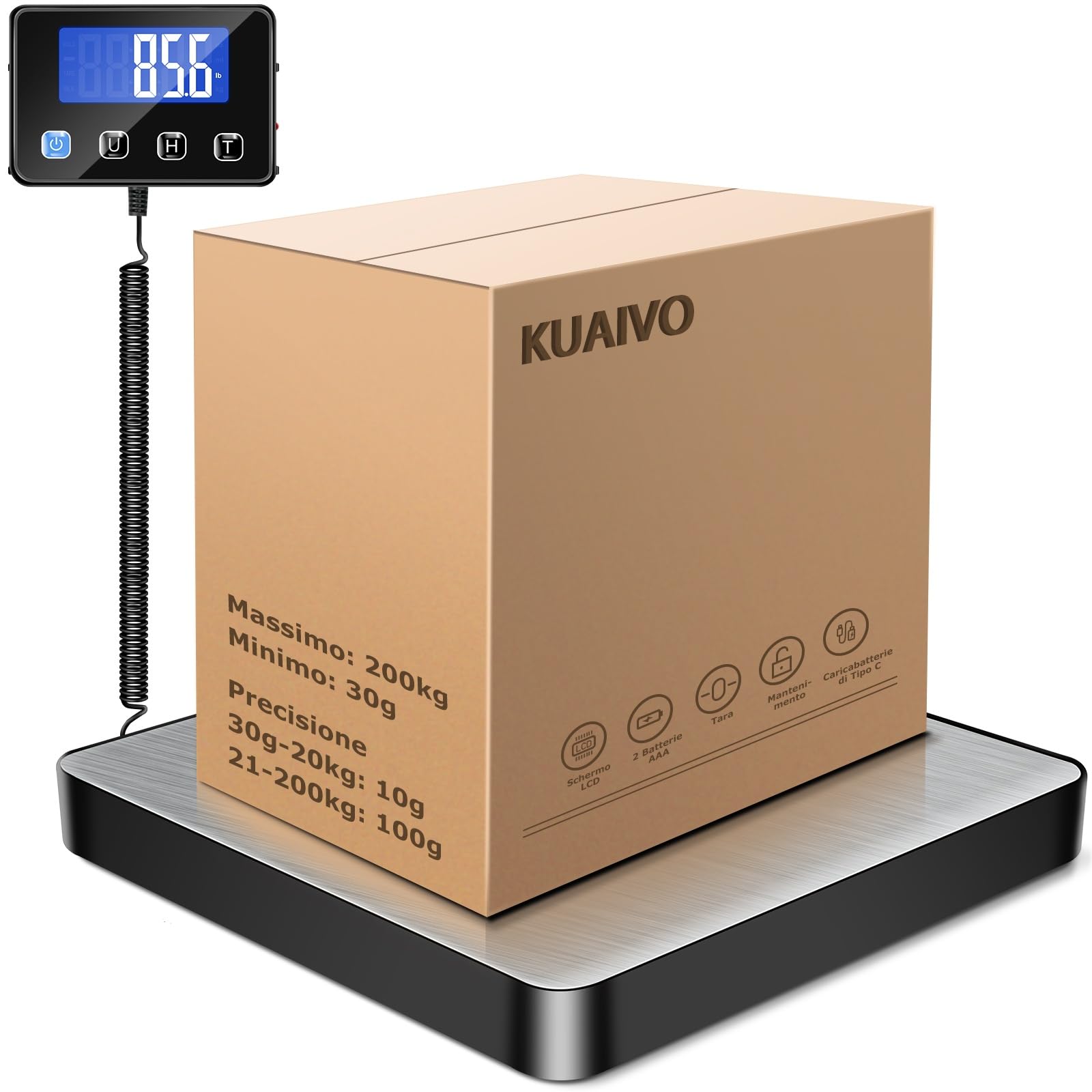 KUAIVO Bilancia Pesa Pacchi 200kg / 10g Alta Precisione, Bilancia Professionale con Funzione LCD/Hold/Tara, Bilancia Postale Piattaforma in Acciaio Inossidabile per Pacchi, Magazzino e valigia
