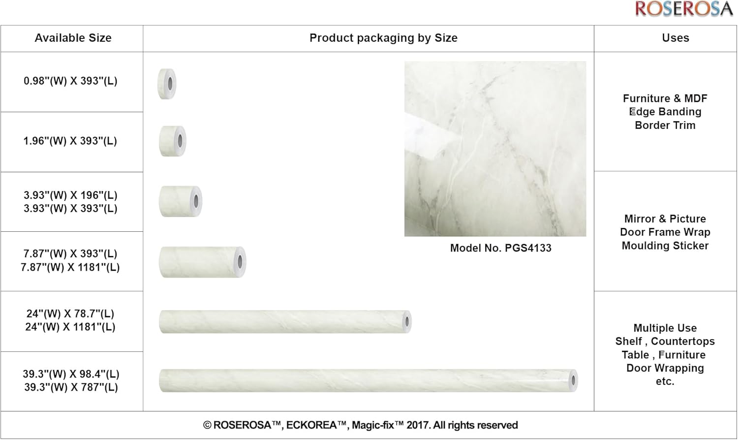 ROSEROSA Peel and Stick Glossy Faux Marble Architectural Film Self-Adhesive Vinyl Film Wallpaper Door Wrap Counter Top Border Mirror Molding Trim PGS4133