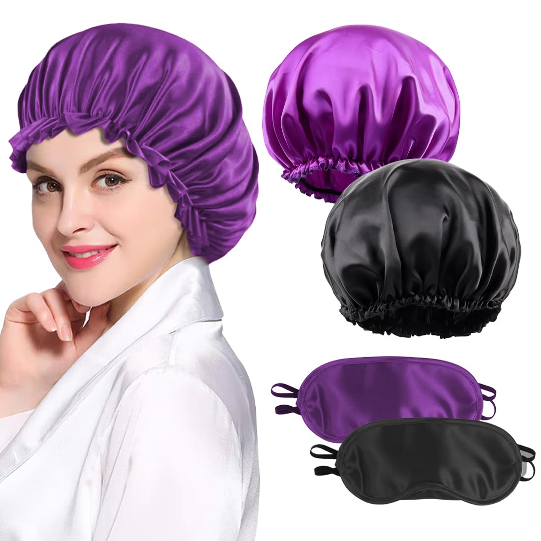 Cuffia Da Notte In Seta E Raso Per Capelli Ricci E Naturali - 2 Pezzi, Regolabile, Anticrespo, Morbida E Traspirante - Rosa E Nero