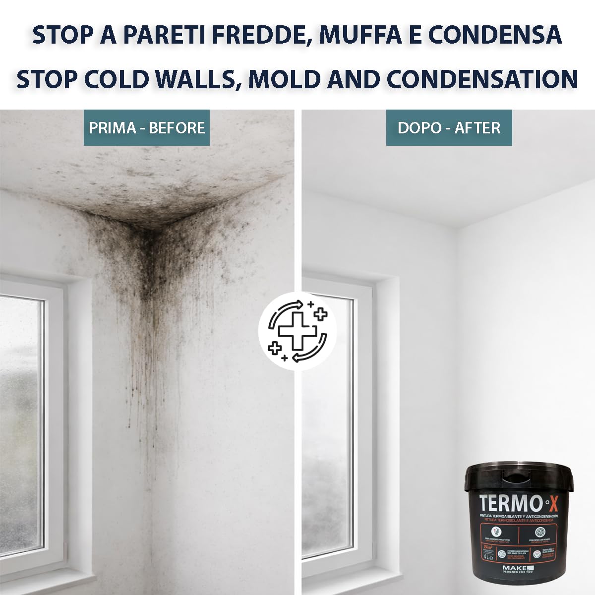 MAKE Pittura Antimuffa Termica Interni 4 L - Pittura Anti Condensa per Pareti Fredde - Stop Muffa Bagno Cucina - Microsfere 3M Isolanti - Copre 24 m² - Bianco Opaco