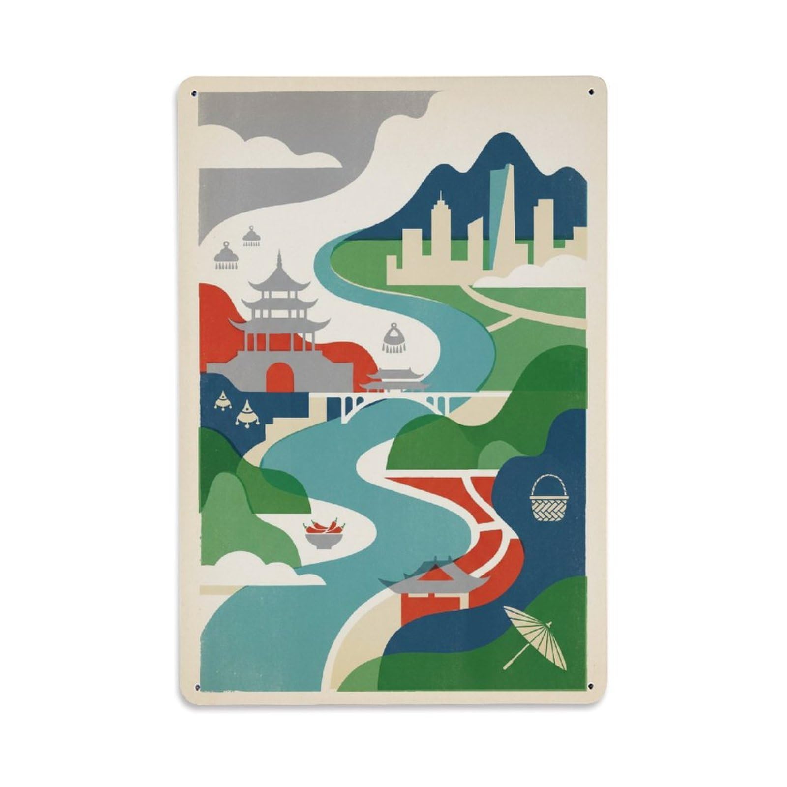 Okngb Style China Guiyang Retro Travel Chinese Cityscape Graphic Metal Tin Sign Plaque Wall Decor For Cafe, Man Cave, Club Bar, Office, Home Garden Round Metal Poster 8X12inch