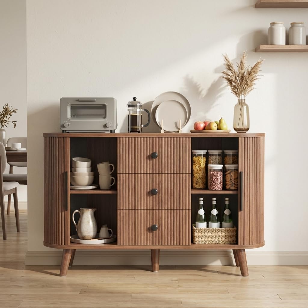 47.2" Mid-Century Modern Fluted Sideboard Buffet Cabinet with Tambour Sliding Doors, 3 Drawers & Adjustable Shelves, Walnut Storage Credenza Console for Living Room, Entryway (Walnut brown)