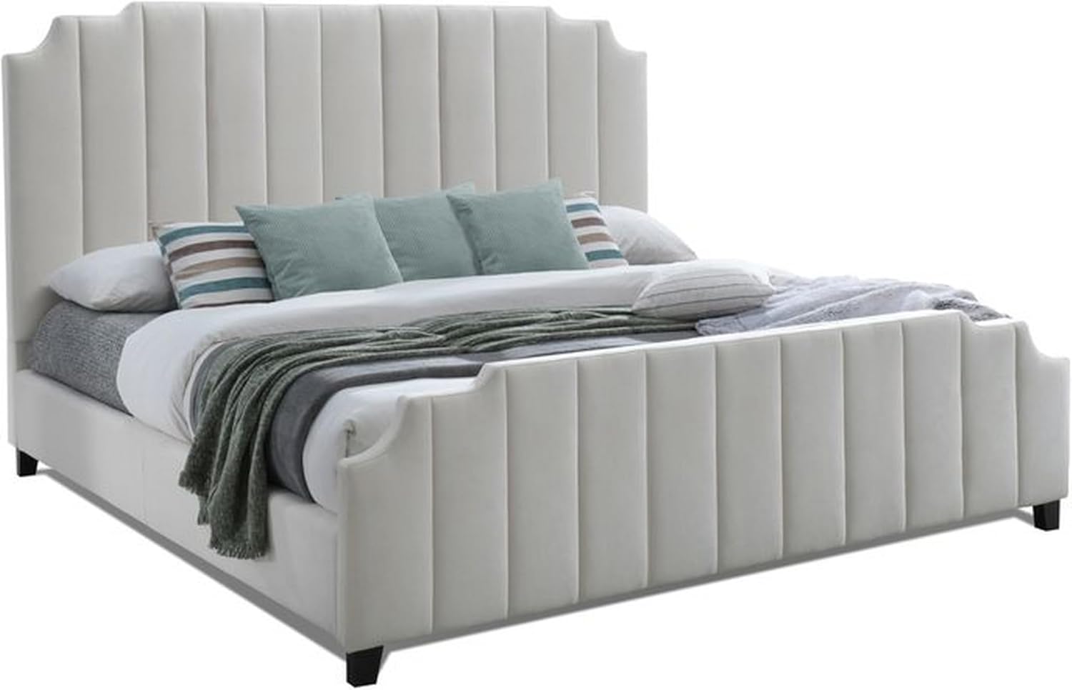 Benjara Cery Modern King Size Bed, Channel Tufted Cream Chenille Upholstery, Beige and Black