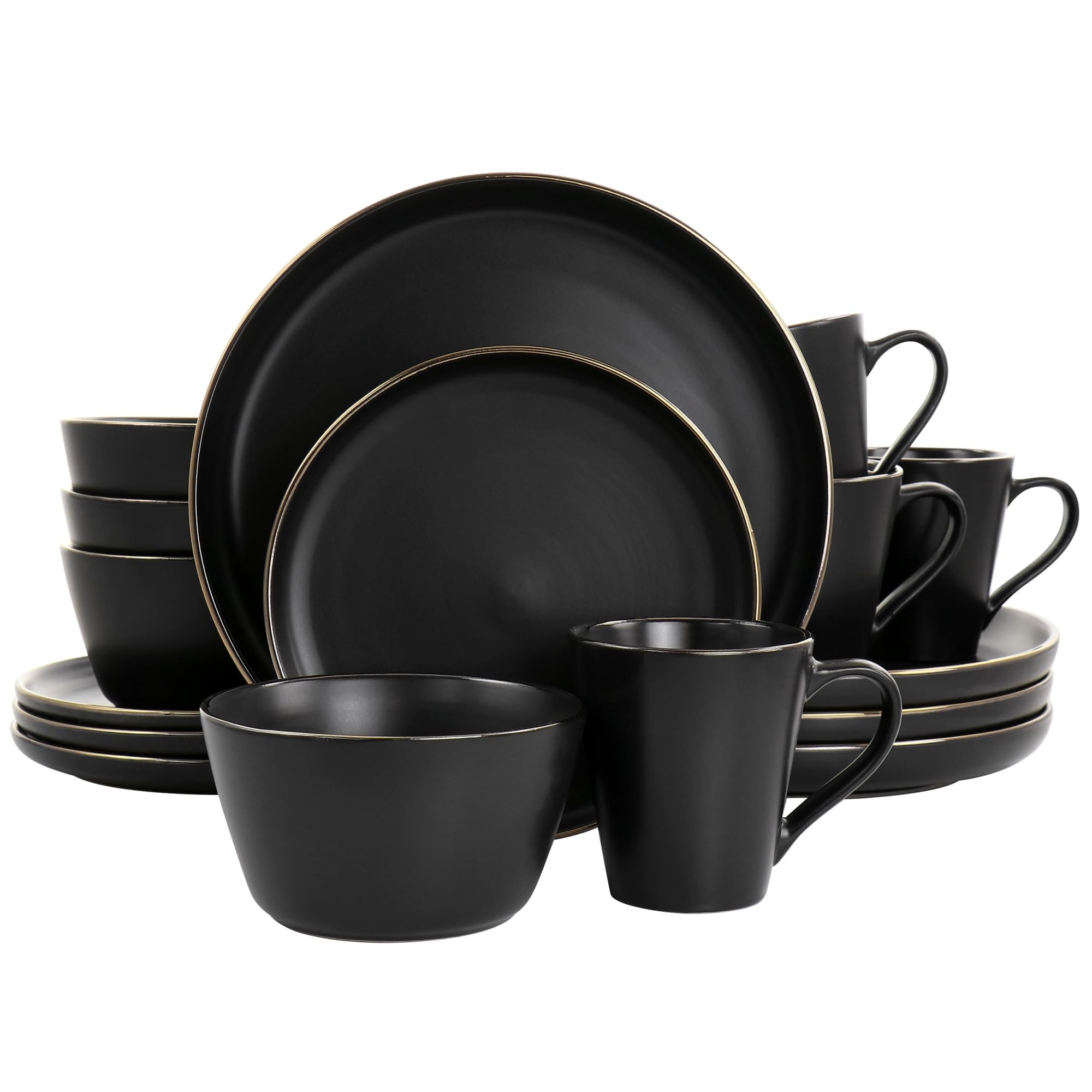 Paul 16 Piece Stoneware Dinnerware Set in Matt Black with Gold Rim