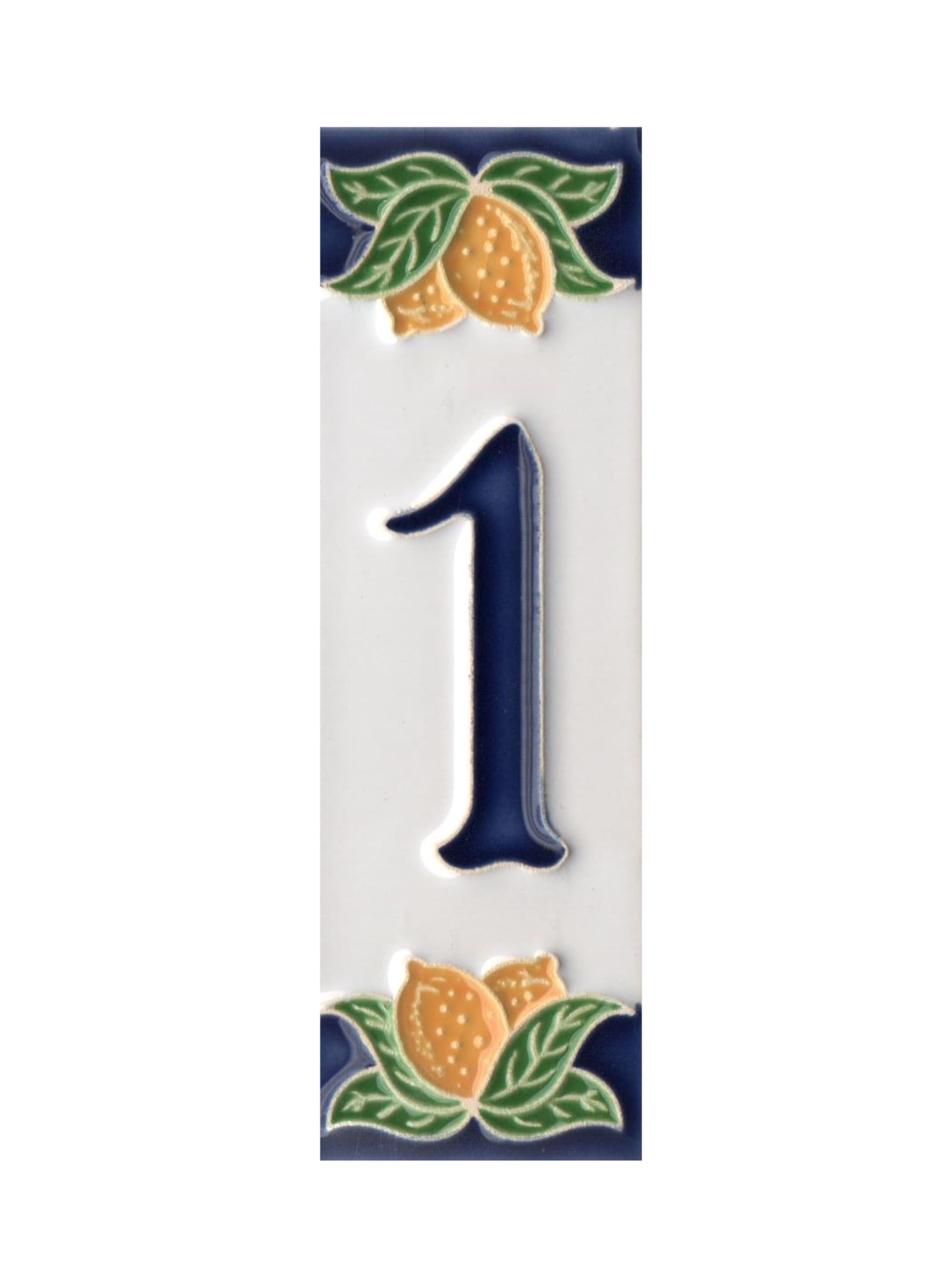 House Numbers, Italian Ceramic Numbers & Letters Tiles, Lemon Design, Tile Size: 10cm x 3.5cm (Number 1) — image 1