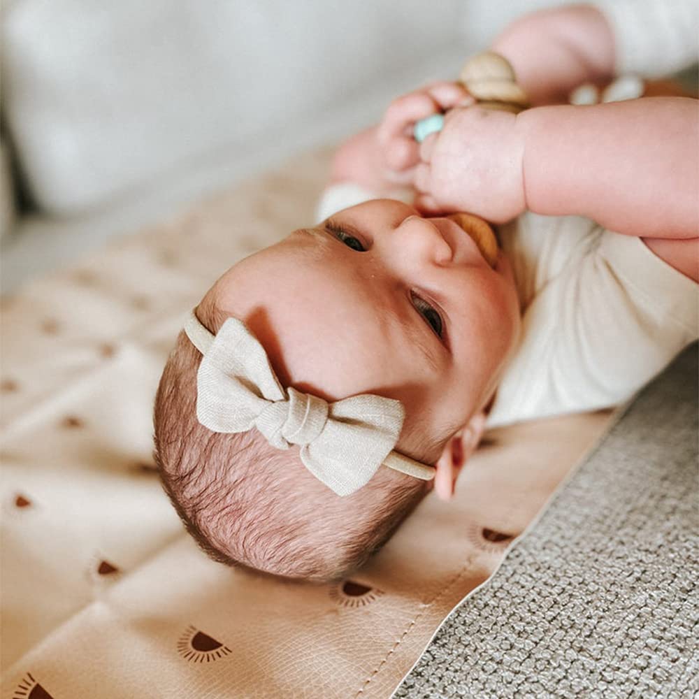 12 Pcs Cute Linen Bow Nylon Headband for Newborn Infant Toddler Mini Hair Bow Elastic Bands Baby Girls Little Kids Headbands (Linen Mini Knot bow 2.5'') - Image 3