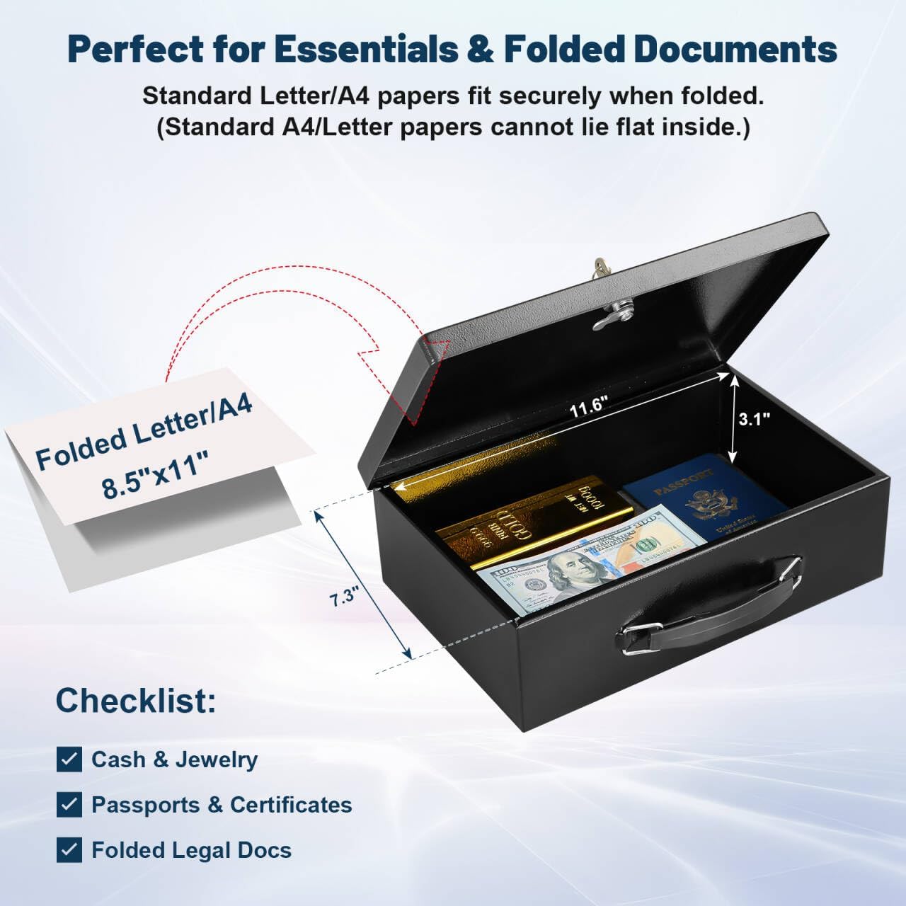 KYODOLED Fireproof Document Box with Key Lock, Small Lock Boxes for Personal Items, Fire and Water Resistance, Fireproof Safe Box for Documents, Jewelry, Passport, Cash, 12.6'' x 8.3'' x 4.3'' Black
