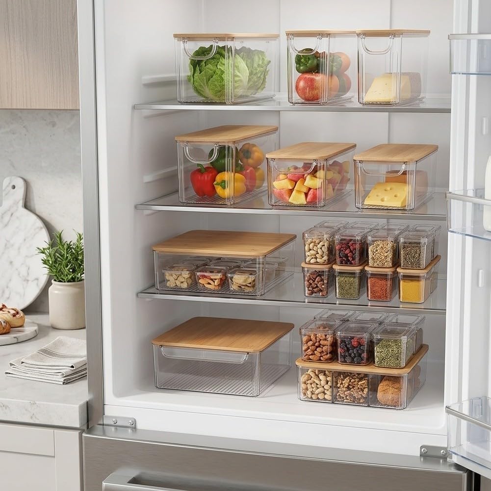 Organizadora Nevera PET Transparente con Tapa para madera Organizadora(Fourteen-piece set) | PET transparente, tapa para madera natural, tabla cortar integrada, , para fácil manual