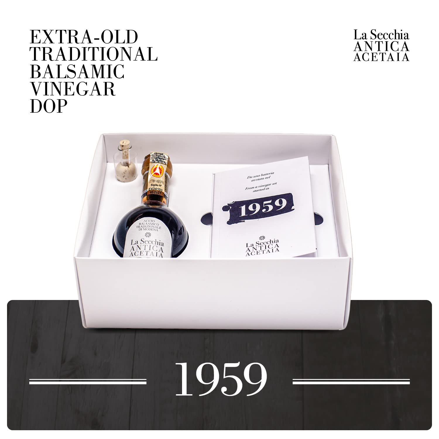 La Secchia - 1959 - Tradycyjny ocet balsamiczny z Modeny D.O.P. Co najmniej 50 lat - butelka 100 ml z dozownikiem i książką z przepisami