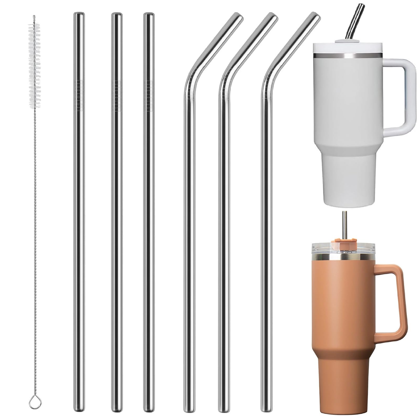Stainless Steel Straws 6Pcs 304 Food Grade Reusable Metal Straws Drinking 310mm Straight & Bent with Cleaning Brush for Hot Cold Juices Smoothies Cocktails Eco Friendly