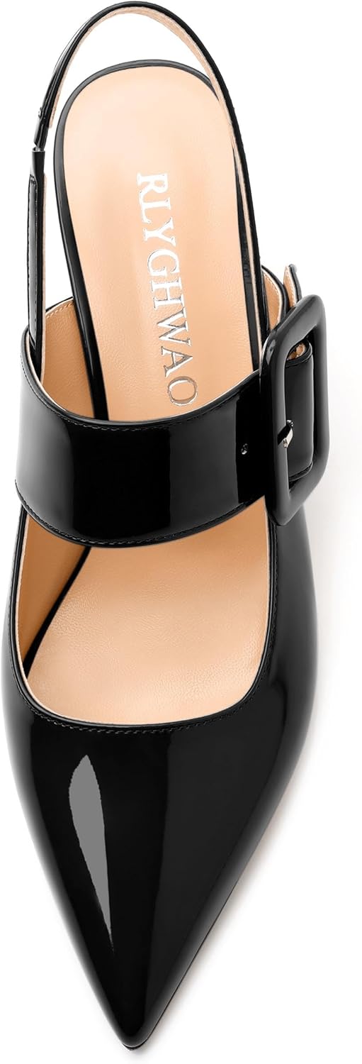 Women's Pointed Toe Pumps - 2.55" Chunky Mid Heel Slingback with Adjustable Buckle, Solid Color Dress Shoes for Work, Dates & Balls - Image 3