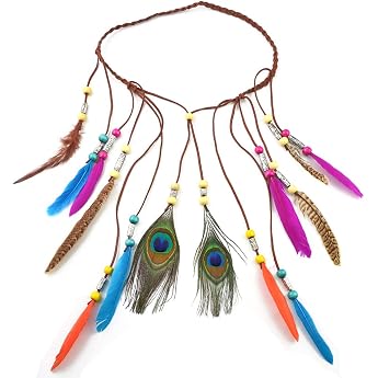 Boho Feather Hair Band Beads Tassel Headband Hippie Boho Indian Hair Accessories for Women and Girls Evening Dresses Halloween Carnival