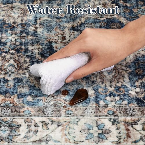 GarveeHome Vintage Rug 3x5 Floral Print Area Rug for Living Room Washable Non Slip Farmhouse Distressed Indoor Carpet Foldable Low Pile Soft Accent Throw Rug for Bedroom Home Nursery, Blue