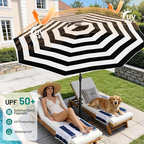 Image of AreShark 9 FT Patio Umbrella for Outdoor, Outdoor Table Umbrella with Push Button Tilt and Crank, Outdoor Patio Umbrellas with 8 Sturdy Ribs for Market, Garden, Pool (Black & White Stripe)