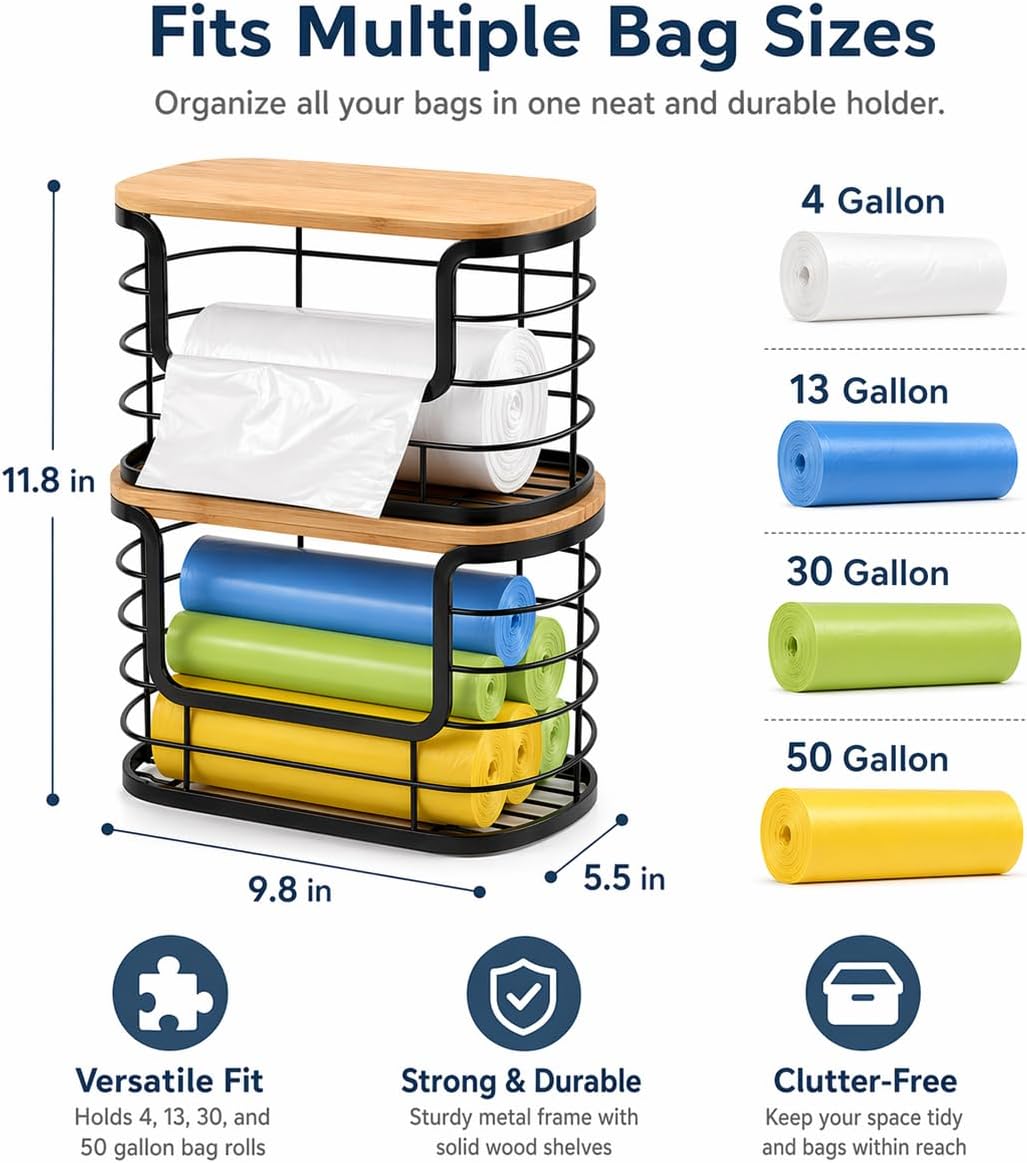 REFGY 2-Pack Multi-Purpose Trash Bag Holder & Stackable Kitchen Storage Organization Bins (11.02" x 6.69"), Protective Wire Basket with Natural Fiber Top, Versatile Garbage Bag Dispenser Under Sink