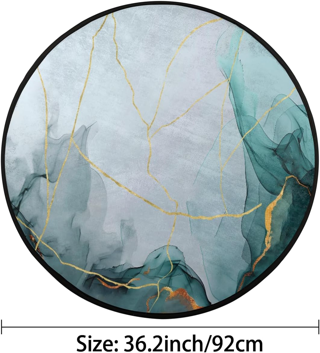 Round Rug 3ft Teal Marble Indoor Circle Area Circle Rugs Washable Non-Slip Bedside Indoor Doormat for Living Room Bedroom Playroom Nursery Room Decor Carpet Mat Splat Mat for High Chair