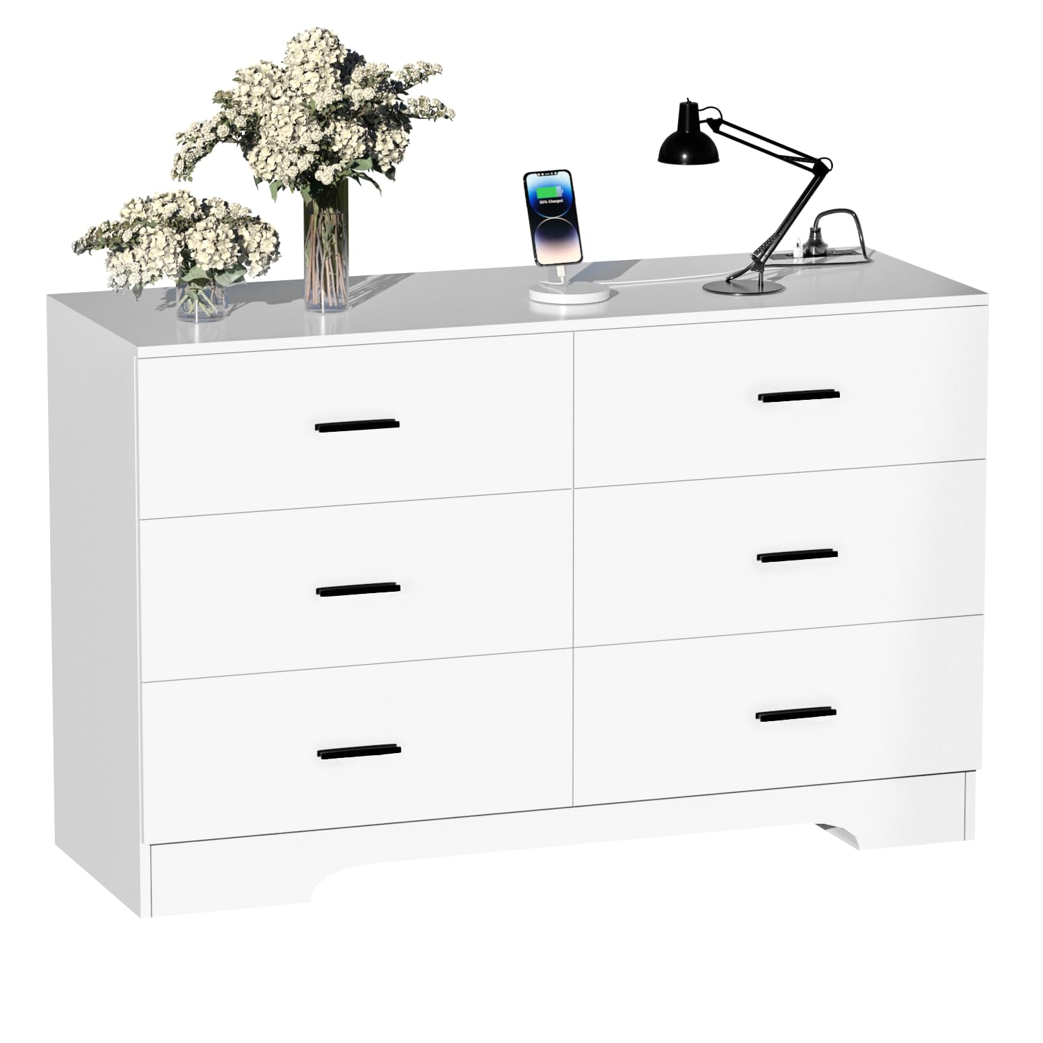 FJTJBSI Dresser with Power Outlets Wooden 6 Drawer Dresser with USB and Type C Port Chest of Drawers for Bedroom Tall White Storage Organizer for Living Room Hallway Closet