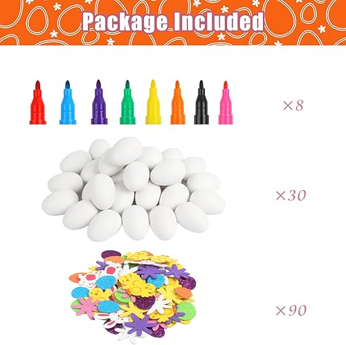Miniatura 2 de FOIMAS Kit de huevos de plástico blanco de Pascua, 30 piezas de adornos de huevo colgante falso pintables con 80 bolígrafos de espuma de conejito