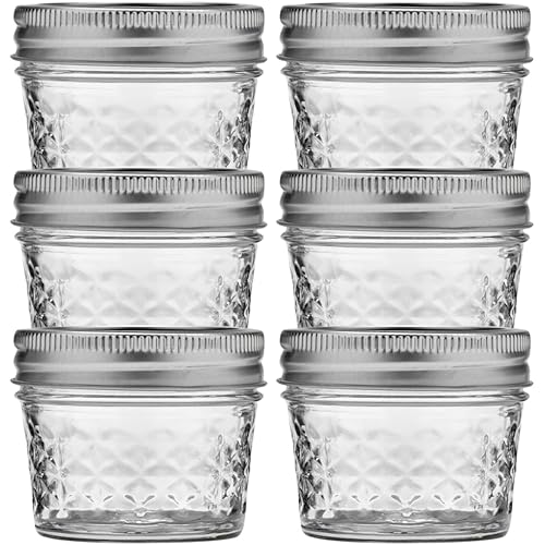 Ball Wide Mouth Quilted Crystal Jelly Jars with Lids and Bands, Used for Canning, Pickling, Juice, Jam, Jelly, Quarter Pint Size (4 Ounce (Pack of 6))