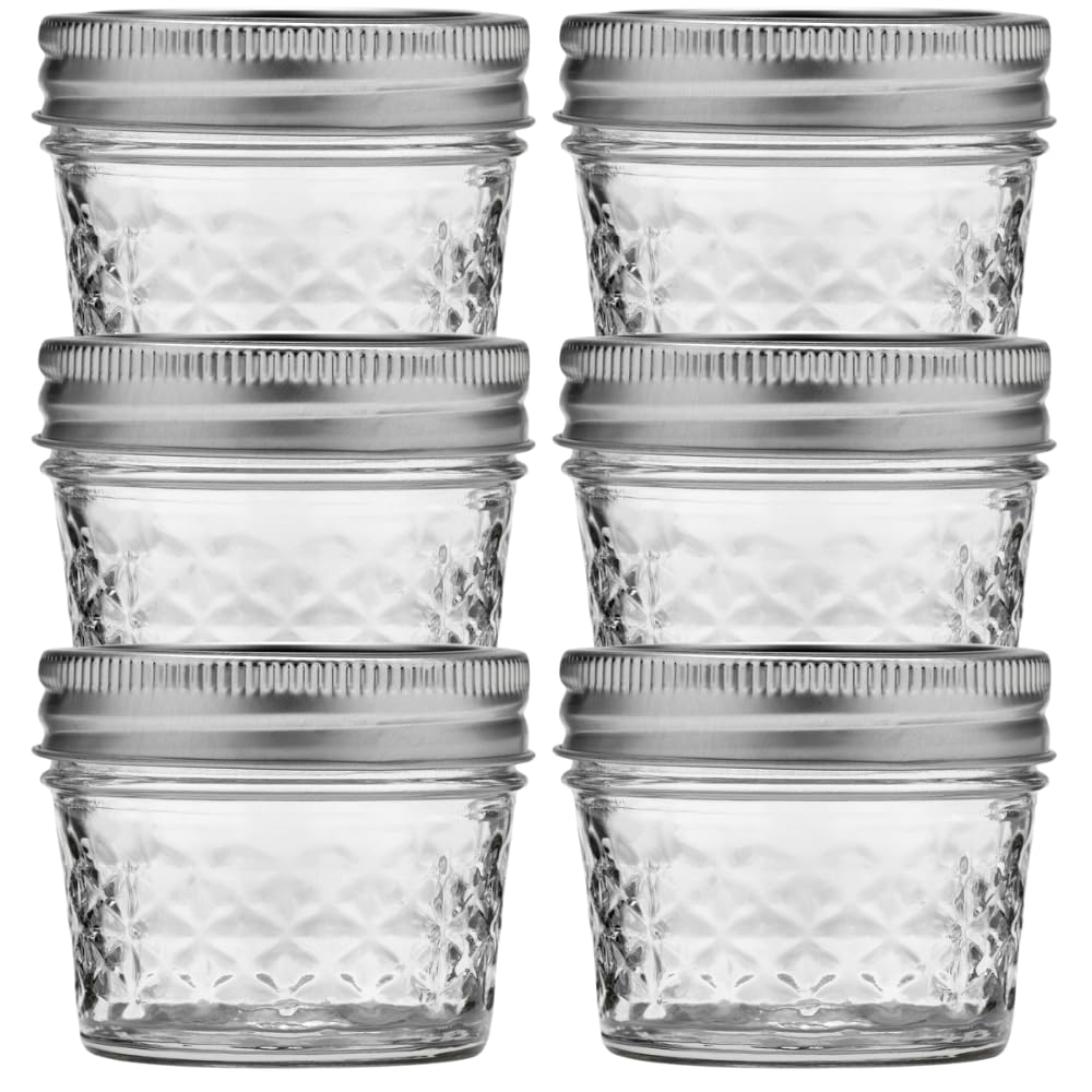 Ball Wide Mouth Quilted Crystal Jelly Jars with Lids and Bands, Used for Canning, Pickling, Juice, Jam, Jelly, Quarter Pint Size (4 Ounce (Pack of 6))