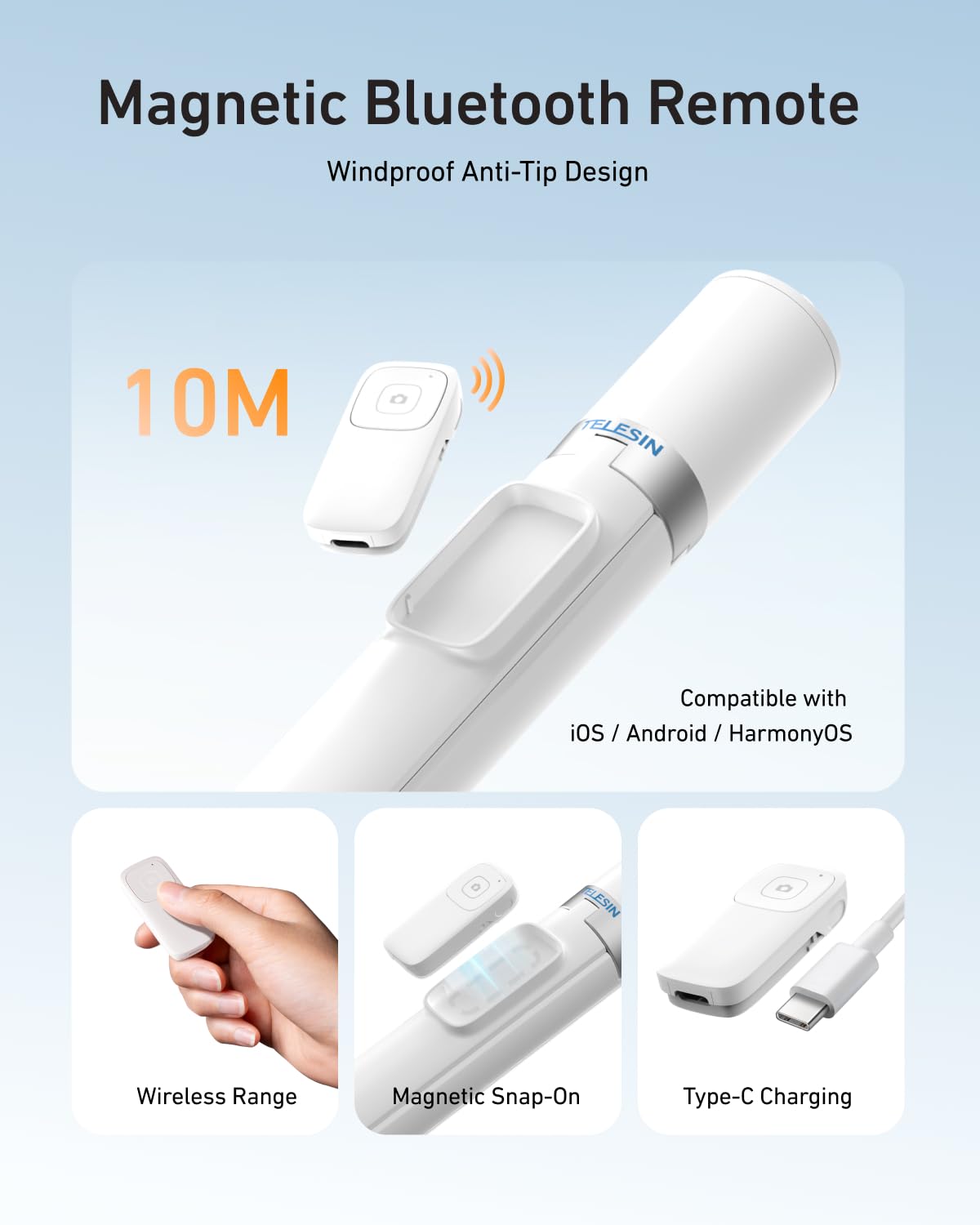 TELESIN 70" Phone Tripod Stand, Gravity-Activated Auto-Open Selfie Stick, Extendable Cell Phone Stand with Magnetic Bluetooth Remote, 360° Adjustable Travel Phone Tripod for iPhone/Android