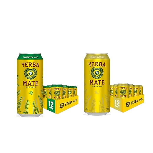 Yerba Madre Organic Yerba Mate Clean Energy Drink Alternative Bundle, Lemon Elation & Enlighten Mint Flavors, 15.5 Oz (Pack of 24), 150mg Natural Caffeine, Smooth Energy & Focus