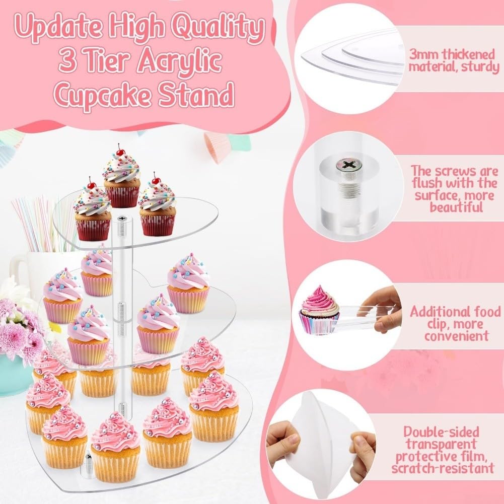 Soporte acrílico para cupcakes de 3 niveles con forma de corazón, grado alimenticio, para bodas, fiestas, cumpleaños y baby showers, con capacidad para hasta 25 cupcakes