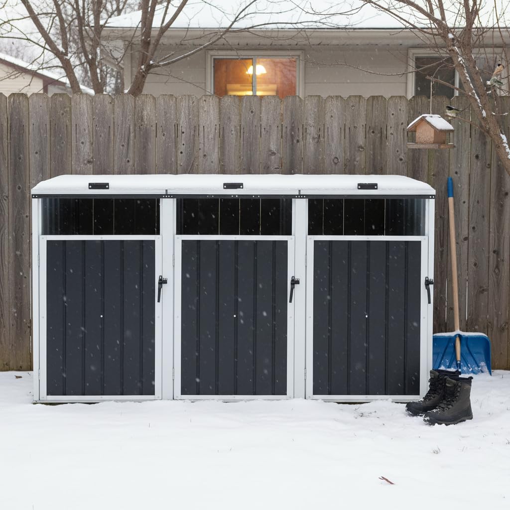 3er Mülltonnenbox aus Metall, Abschließbarer Mülltonnenunterstand für 240L Mülltonnen, Wetterfestes Mülltonnen-Schutzdach für Garten & Hof (Gray, 222×82×121 cm)