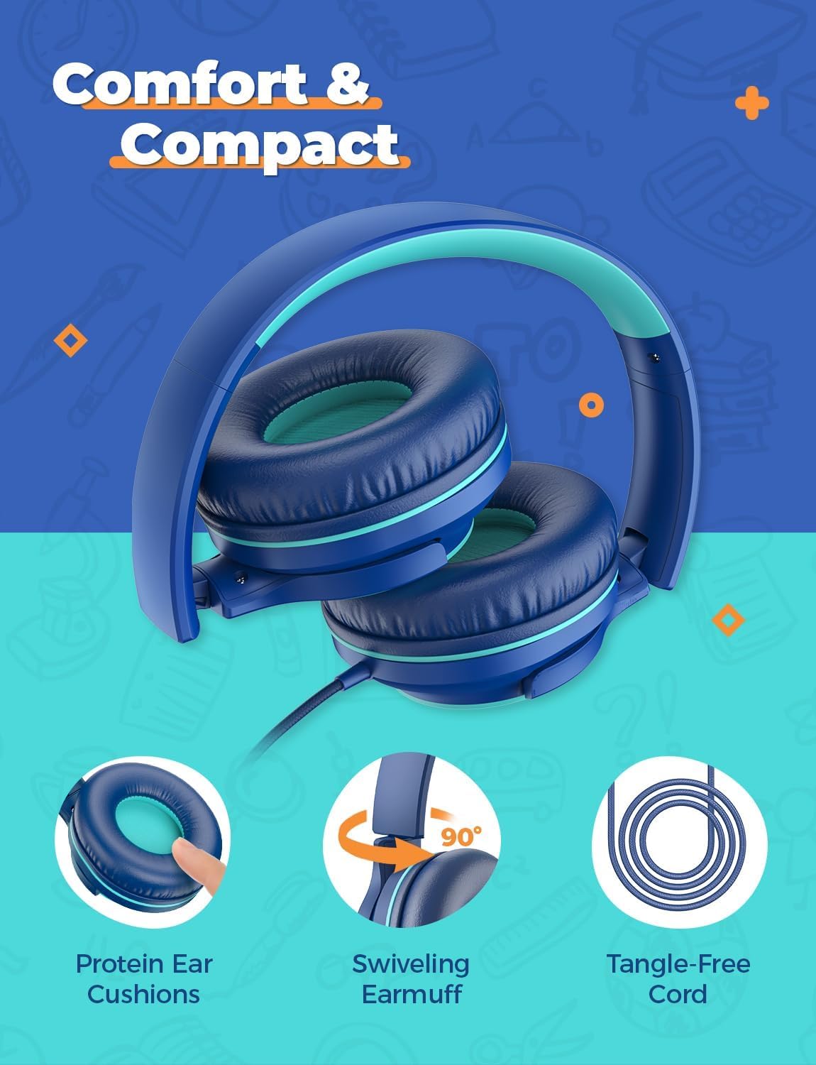 iClever Auriculares para niños [2 Unidades] – 85dB Volumen Seguro Limitado – Auriculares con Cable para niños con Divisor compartido, Auriculares estéreo Plegables para tableta/MP3/4